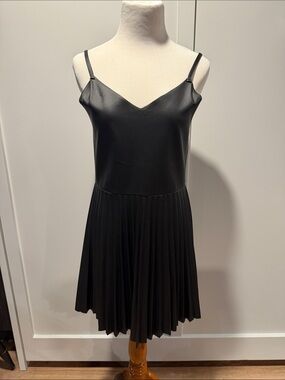 Black Pleated pleather Slip Dress with Spaghetti Straps